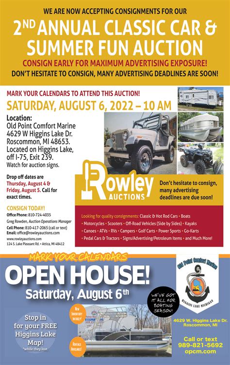 Rowley auctions - 124 S Lake Pleasant Rd. Attica, MI 48412. Phone: 810-724-4035. Email: info@rowleyauctions.com. Web: www.rowleyauctions.com. Prices Realized at …